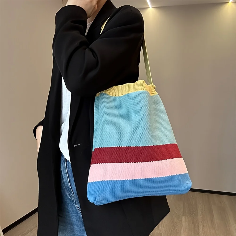 Neue Regenbogenfarbene Stricktasche im koreanischen Stil, einfache und vielseitige gestreifte Handtasche, Schultertasche, große Kapazität, Damentasche – Detail 4