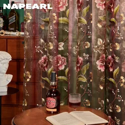 NAPEARL European Style Rose Flower Floral Tulle Curtain Embroidered Sheer Yarn Fabric Curtain for Balcony Living Room 1PC