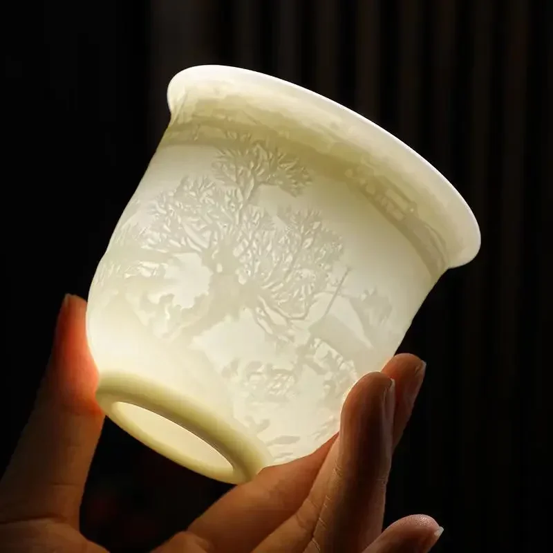 1PC Suet Jade Ceramic Heart Sutra/Hundred Blessings Master Cup Chinese Kung Fu Teacup High-end Houseware White Porcelain Teaware