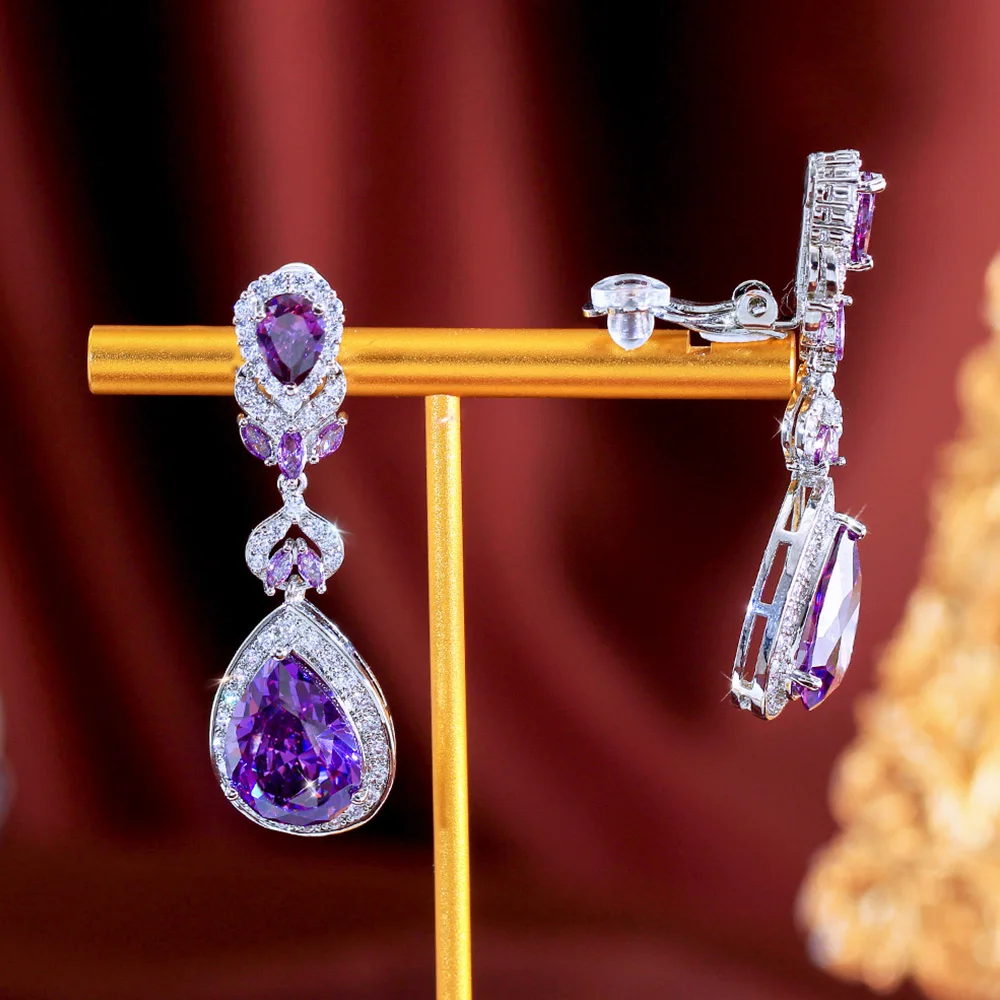 CWWZircons Bezaubernder lila Wassertropfen-Ohrclip mit Zirkonia-Besatz, Ohrringe ohne Ohrloch für Damen, Abendparty-Schmuck EJ0045 – Detail 10
