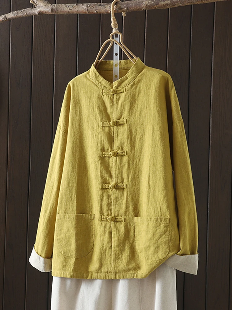 

Retro Chinese Sle Button up Long Sve Cotton Linen irt Jaet Women's Open Cardigan Tea Clothing Faionable Commute Sle