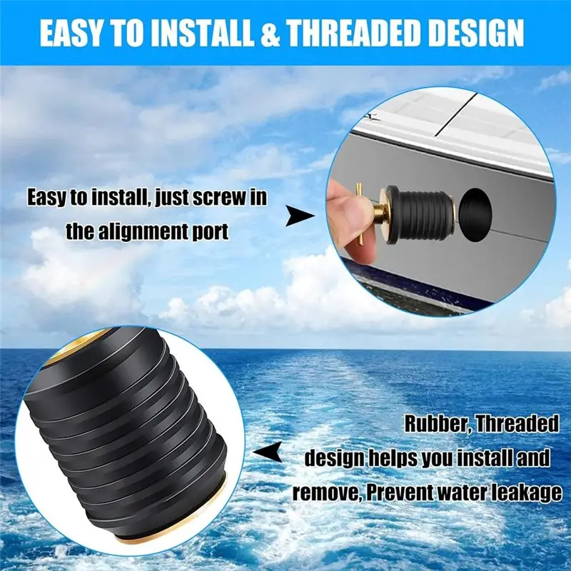 Brass T-Handle Drain Plug Twist-Turn Seal Design, For 1Inch Marine Boat Drains Locks- 4PCS Rubber Replacement Plugs Included