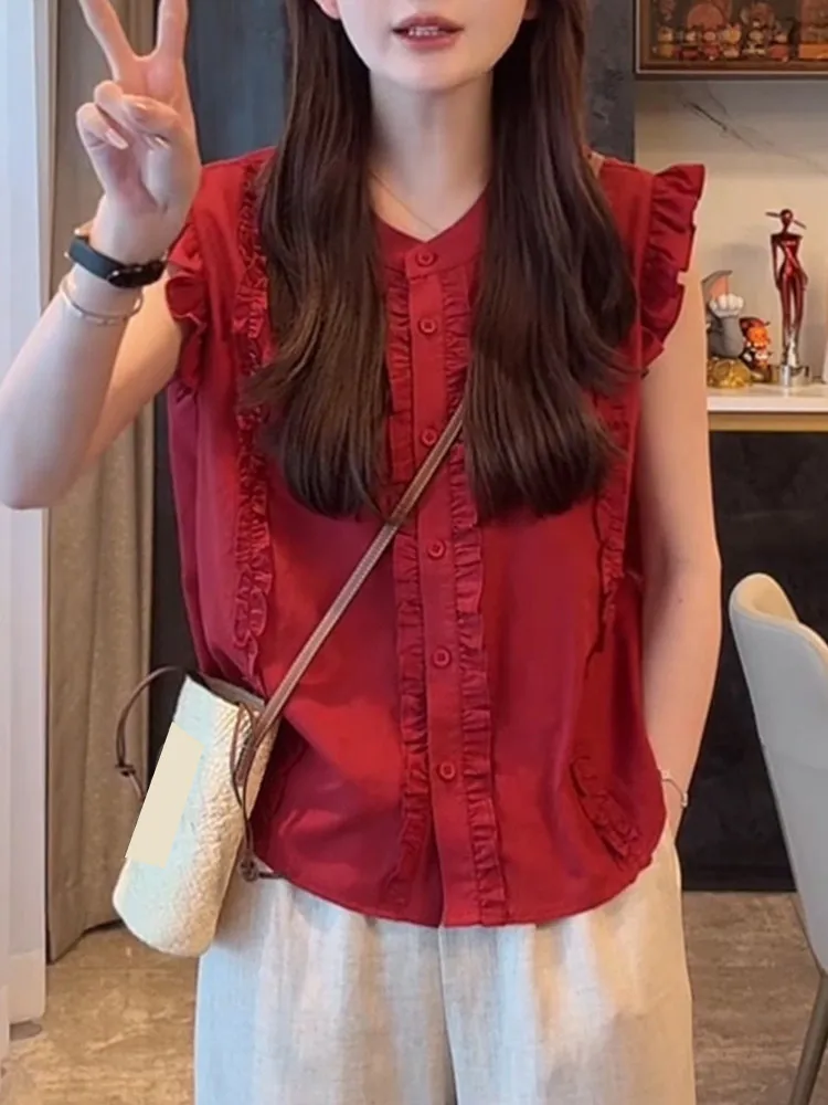 

Faionable Unique Wood ain Ruffle Sve irt Women's Summer New Sle Casual Loose Fit Breathable Skin-friendly Polyester