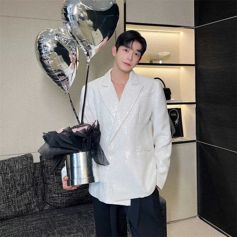 

Dongda Gate Men's Heavyweight High-End Sequin Shiny Reflective Jacket Stage Performance Suit Male Singer Sparkling Formal Wear