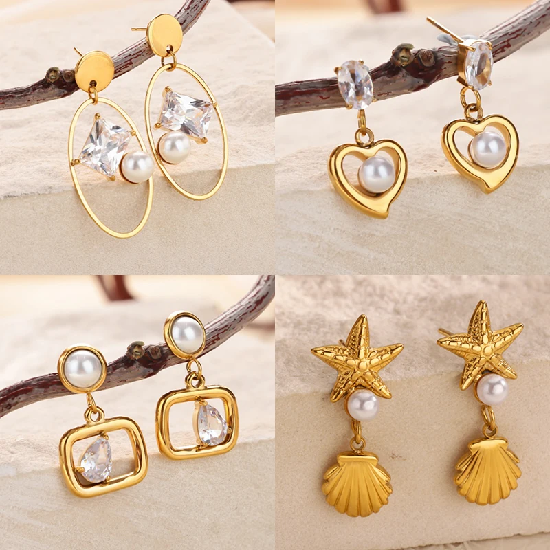Envío Gratis, pendiente con pasador de corazón geométrico de perla de imitación para mujer, pendiente Piercing de Color dorado de acero inoxidable, joyería de boda