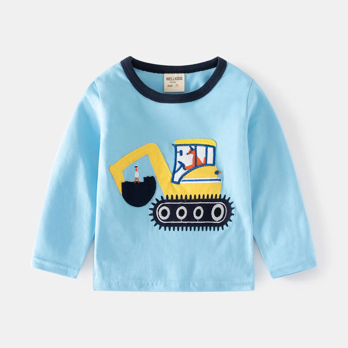 Spring Autumn Boys' Long Sleeve Casual Cotton Round Neck Cartoon Patch T-shirt Kids Color-Block Embroidered Top, Ages 3-8 Blue