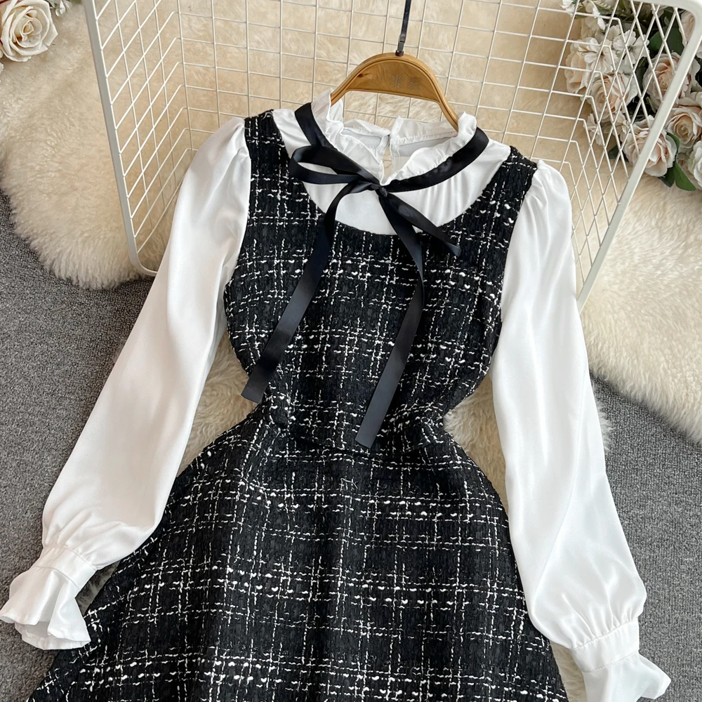 خريف جديد طويل مضيئة الأكمام الشريط القوس أسود أبيض فستان قصير للنساء شيك وهمية قطعتين المرقعة قصيرة أنيقة ألف خط فستان