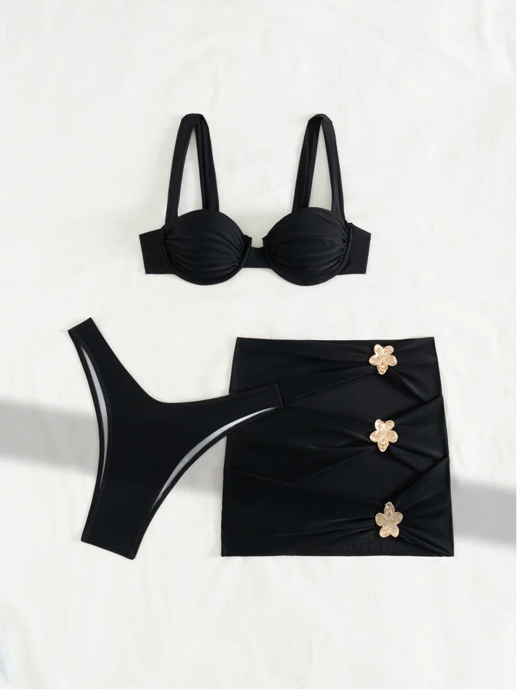 2025New Style Short Skirt Three-Piece Set Two-Piece BikiniswimsuitSolid Color Swimsuit for Women