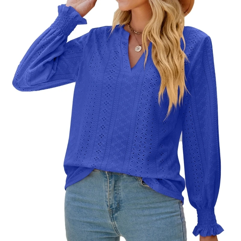 

77HE Женская футболка с v-образным вырезом и длинными рукавами, вышивкой, повседневный осенний топ в богемном стиле