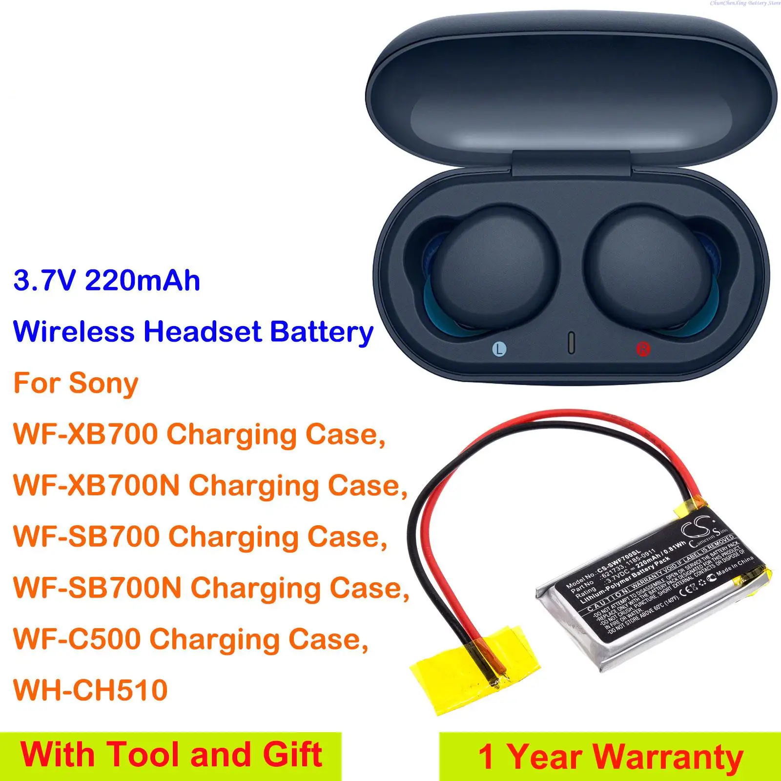 220mAh Wireless Headset Battery for Sony WH-CH510, Charging Case for WF-XB700, WF-SB700,WF-XB700N, WF-C500