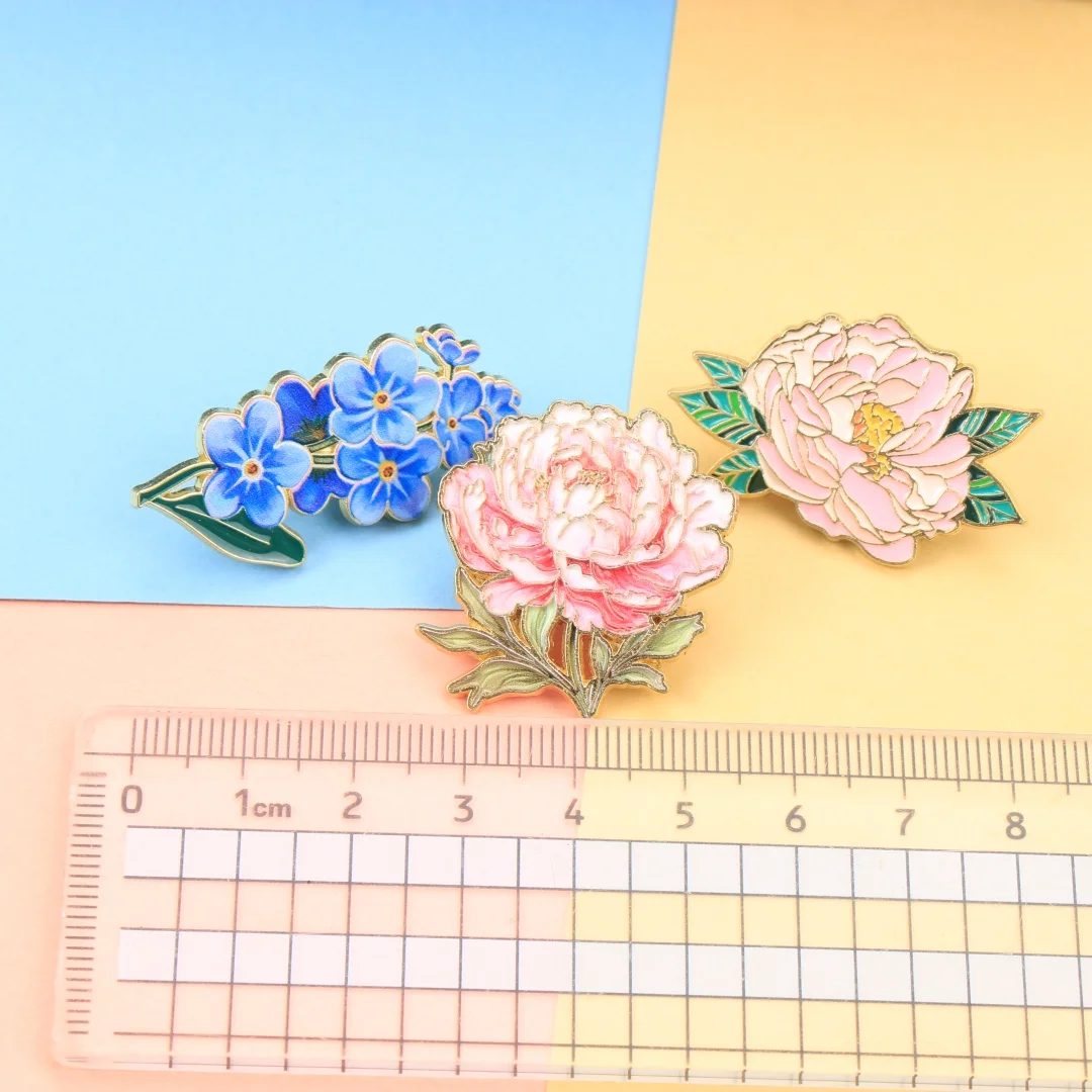 Cartoon Flower Enamel Lapel Pins, Elegant Peony & Forget-Me-Not Brooch Badges for Backpack Clothing DIY Decor Accessories - view 4