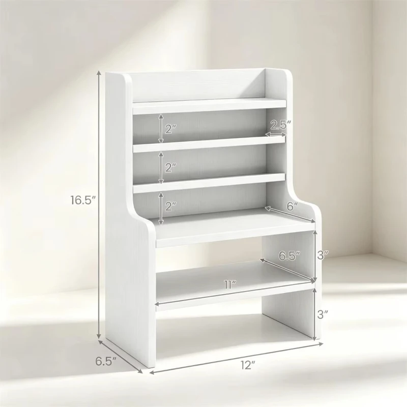 White 6-layer tabletop storage rack, adjustable removable shelf, wooden desk rack, drop-proof baffle rectangular crafts storage