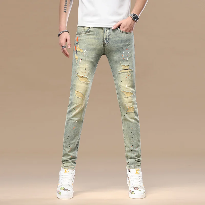 

High end distressed retro jeans men's nine inch slim fit small feet splashed ink 2025 spring/summer new elastic trendy pants