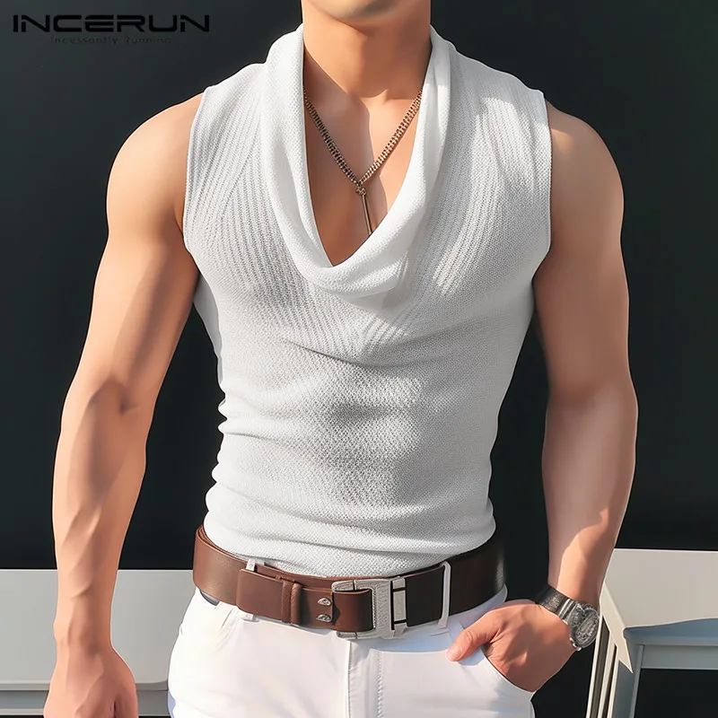 2024 Men Tank Tops Solid Color Knitted Summer Turtleneck Sleeveless Streetwear Male Vests Transparent Men Clothing S-5XL INCERUN