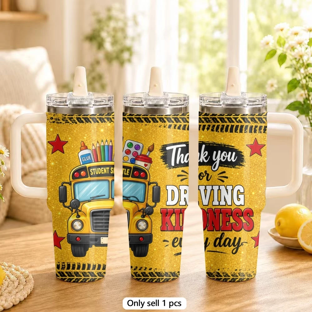 Thanks The School Bus Vacuum Flasks 40oz Stainless Steel Tumbler with Handle Straw Lid Vacuum Insulated Double Wall Leak Proof