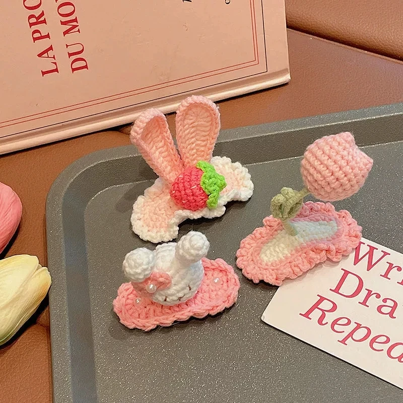 لطيف محبوك بوبي دبوس الشعر للفتيات إكسسوارات الشعر الأطفال اليدوية الكروشيه المشابك الكرتون لطيف أرنب دبابيس الشعر للأطفال