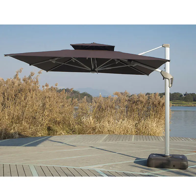 Large Cantilever Umbrella Outdoor Garden Parasol Aluminum Frame with Solar LED Light for Patio Courtyard Backyard