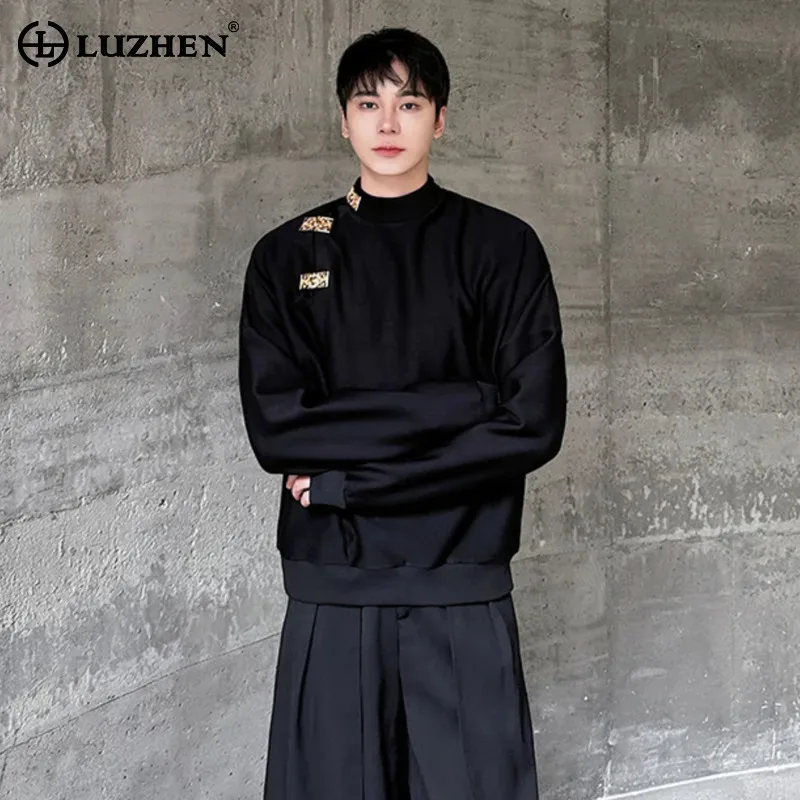 LUZHEN Autumn 2026 Buttoned Long Design Leopard Sleeve Patchwork Print Sweatshirt Men's Fashion Elegant Handsome T-shirts JY8636