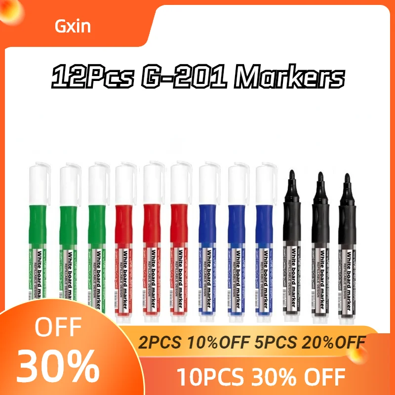 Gxin G-201 12 Pcs Erasable Whiteboard Markers,Replaceable Refill,Fiber Tip,Water-based Ink,School MeetingSupplies.