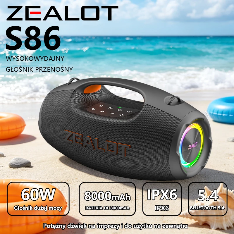 Zealot-S86, haut-parleur sans fil portable de 60 W, haut-parleur Bluetooth portable, batterie de 8000 mAh, son à 360 degrés. °   , lumières RGB, cadeau idéal pour les mélomanes