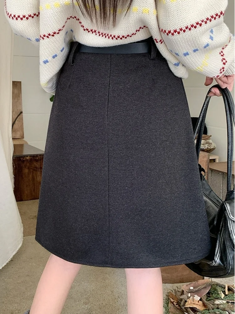 SMTHMA تنورة صوفية عصرية جديدة للخريف والشتاء عالية الخصر للتخسيس مع حزام