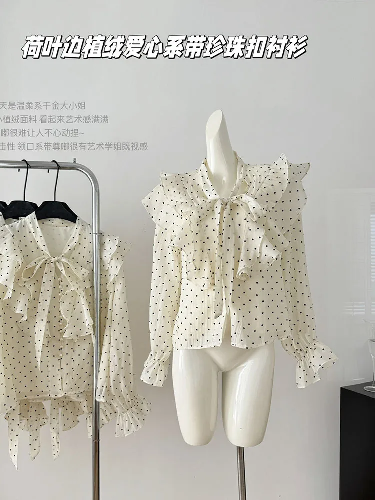 Beige Fashion Polka Dot Design Shirts Autumn Office Women Daily Sweet Shirt Sleeve Cozy Tops French Style Lace Up Bow Blouses