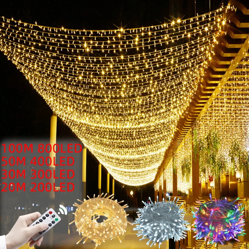 Guirnalda de luces Led de 2M-100M, guirnalda de luces navideñas impermeables para exteriores, árbol, calle, boda, fiesta, decoración de Ramadán 2025