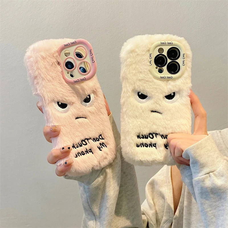 Funny Warning Emoticon Plush Phone Case For iPhone 16 Pro 15 Plus 12 11 13 14 Pro Max Cover with Stand Cute Cartoon Fluffy Cases