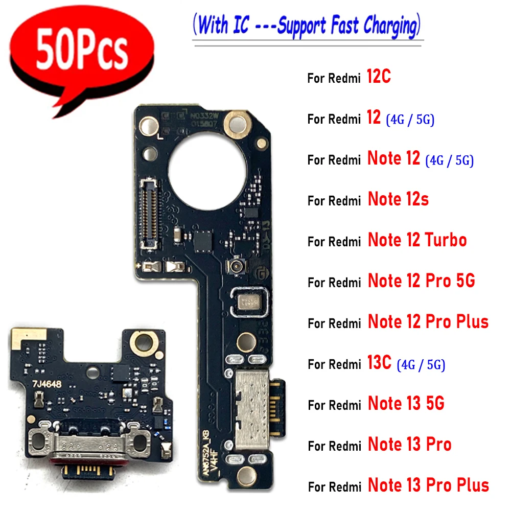 50Pcs，Tested NEW USB Charger Port Connector Board Cable Parts For Xiaomi Redmi 12C Note 12 4G 13 Pro Plus 5G 12s Fast charging