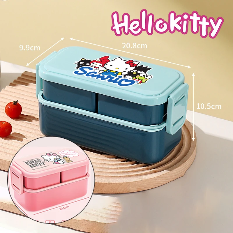 Fiambrera Sanrio Hello Kitty de 1,3 L, contenedor de comida de 2 capas con tenedor, cuchara, rectángulo, caja de almacenamiento de aperitivos para Picnic de alta capacidad, regalos