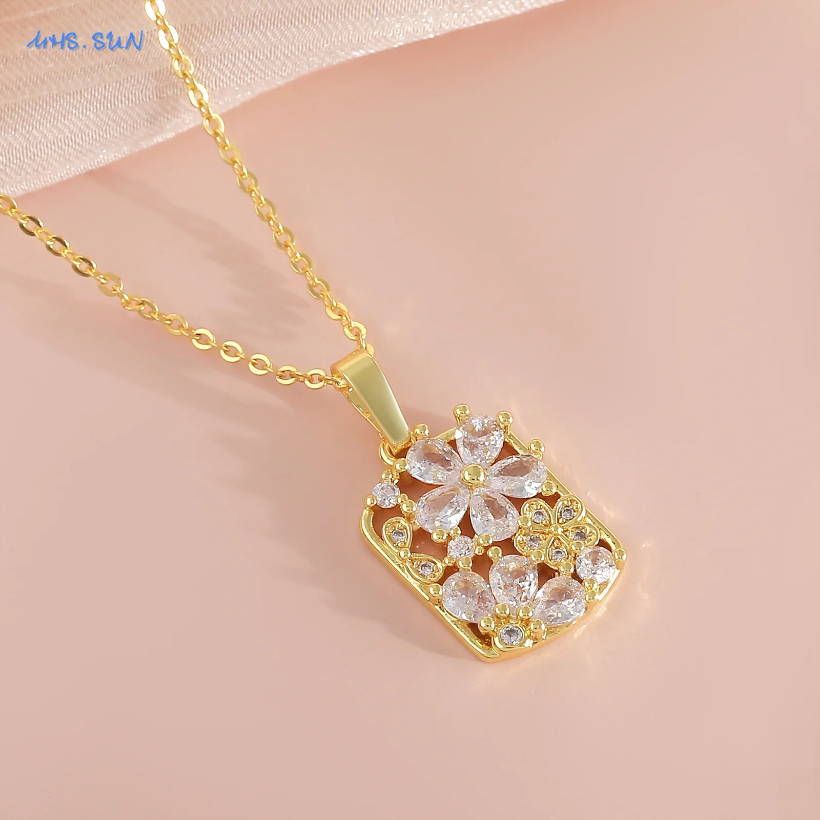 MHS.SUN Metal Square Inlaid Zircon Flower Pendant Necklace for Women 22K Gold Plated Geometric Wedding Party Jewelry Couple Gift