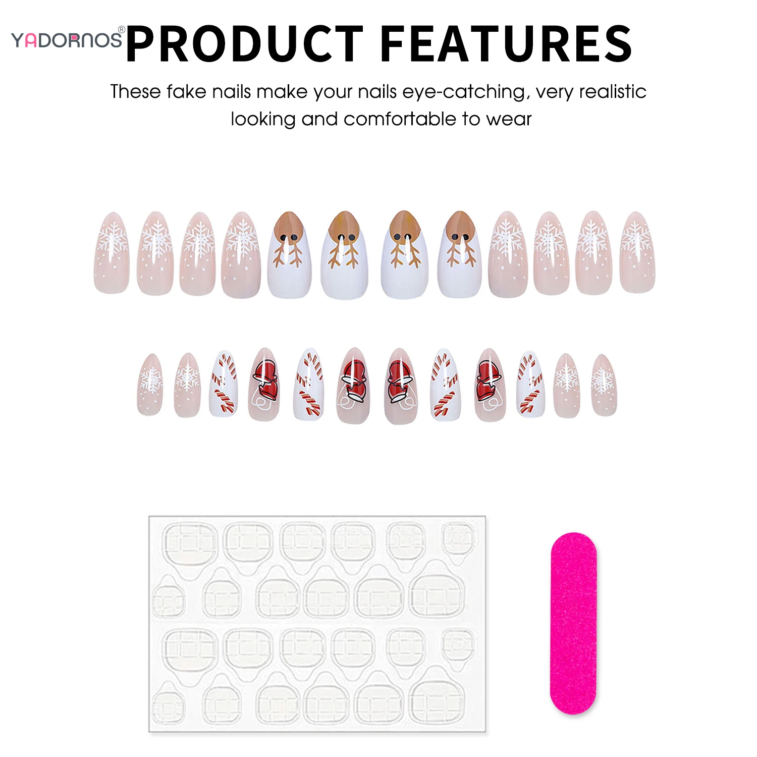 24 Uds. De puntas de uñas postizas de Color desnudo, guante de Navidad, patrón de copo de nieve, estampado, prensa en uñas, uñas postizas de almendra desmontables para Navidad DIY