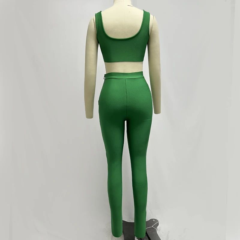 Factory Wholesale Woman's Green V -Neck Bandage Top& Trousers Sexy Celebrity Cocktail Party Bandage Two -Piece Set