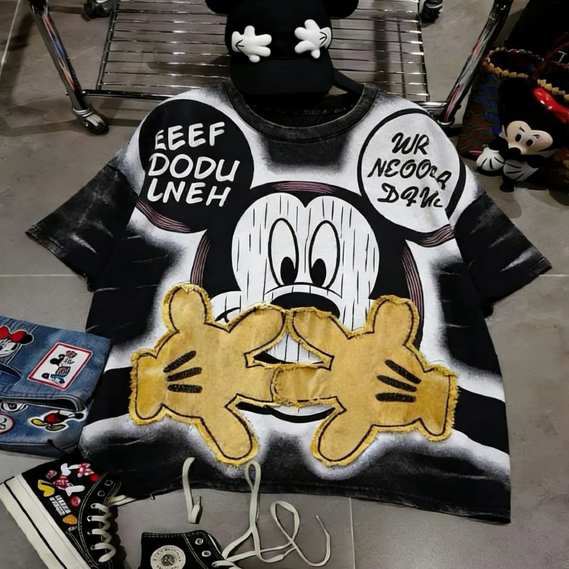 

plus Size Cartoon Retro Fashion Spring Autumn New Patchwork Top Women's T-shirt Short Sleeve Comfortable Casual Female Clothing