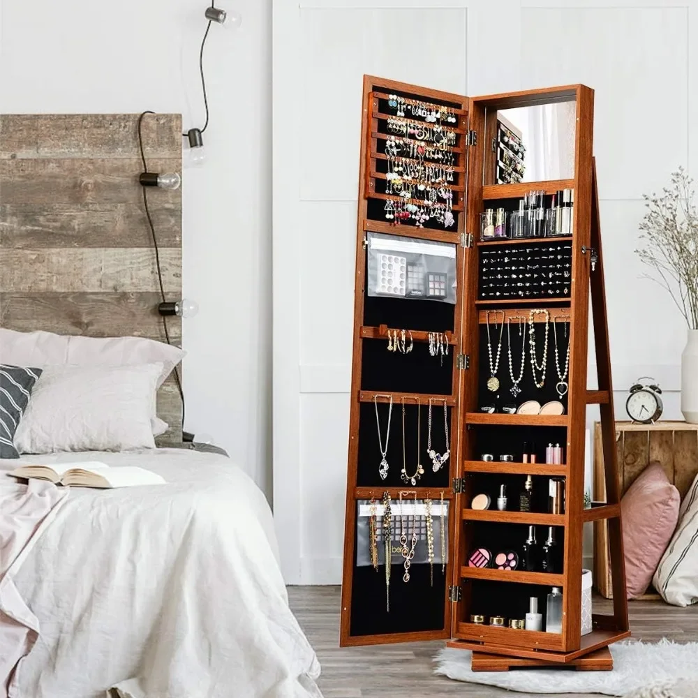 

360° Swivel Jewelry Armoire with Higher Full Length Mirror, Standing Lockable Jewelry Cabinet Organizer with Large Storage