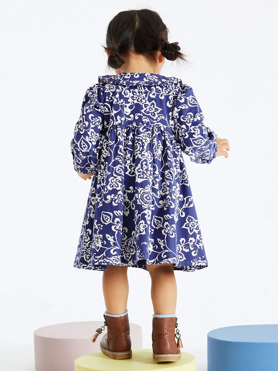 ملابس أطفال خريفي بناتي ملابس أطفال زهور زرقاء بأكمام طويلة فستان حفلات زي ربيعي قطني #5