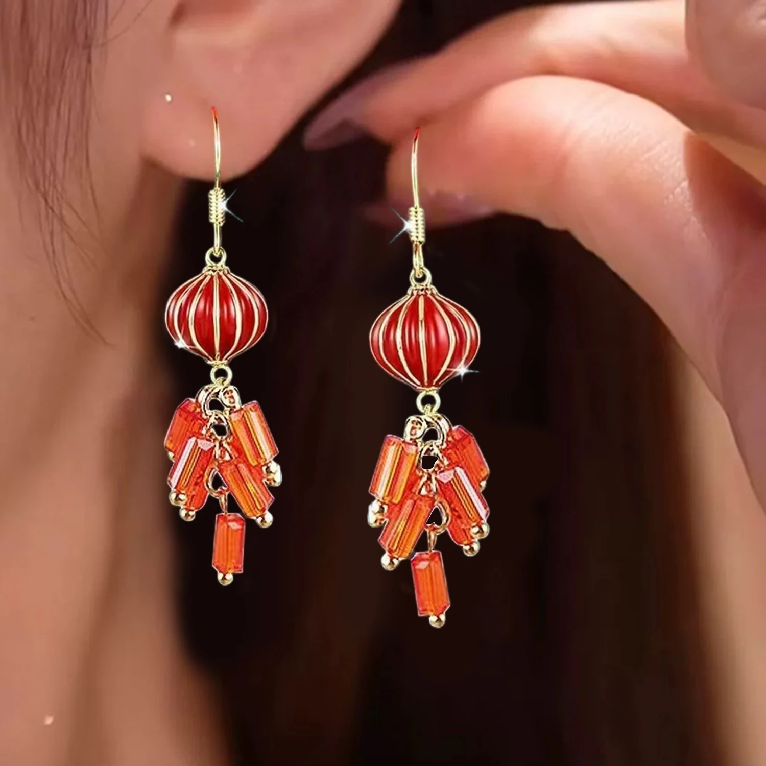 Chinese Style Personality Long Firecracker Earrings Female Simple Atmosphere 2024 New Year Red Lantern Net Red Earrings