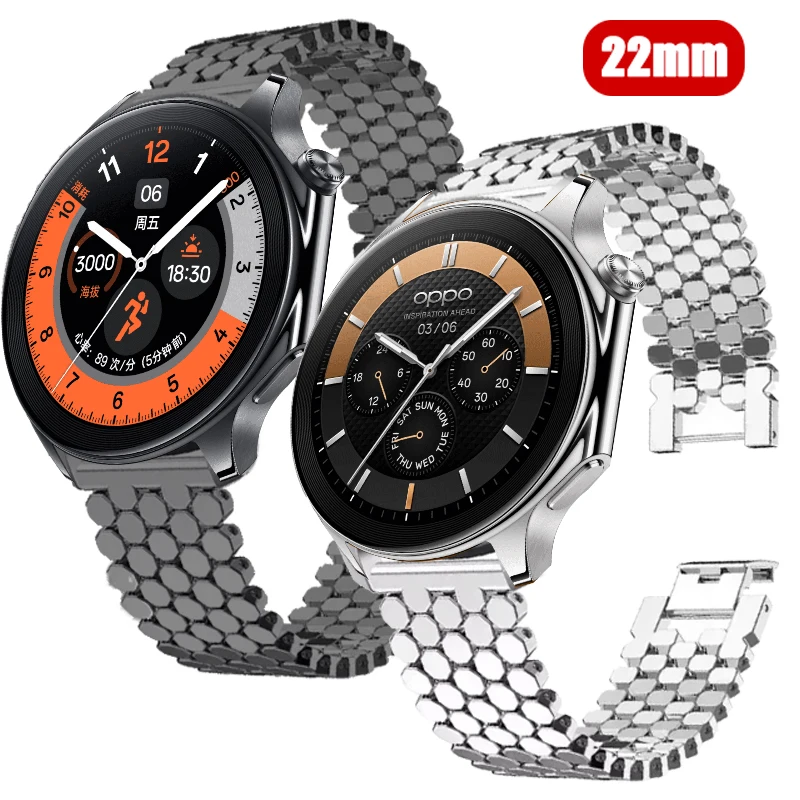 22mm Fish Scale Metal Strap For OPPO Watch X X2 OPPO Watch 4 Pro Wristband Correa For OnePlus Watch 2 Stainless Steel Bracelet