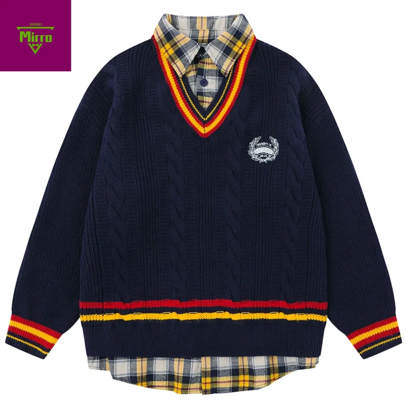 

Varsity Style Sweaters Y2K Oversized Sweaters Plaid Patchwork Streetwear Harajuku Hip Hop Sweaters Knit Jumpers Unisex Knitwear