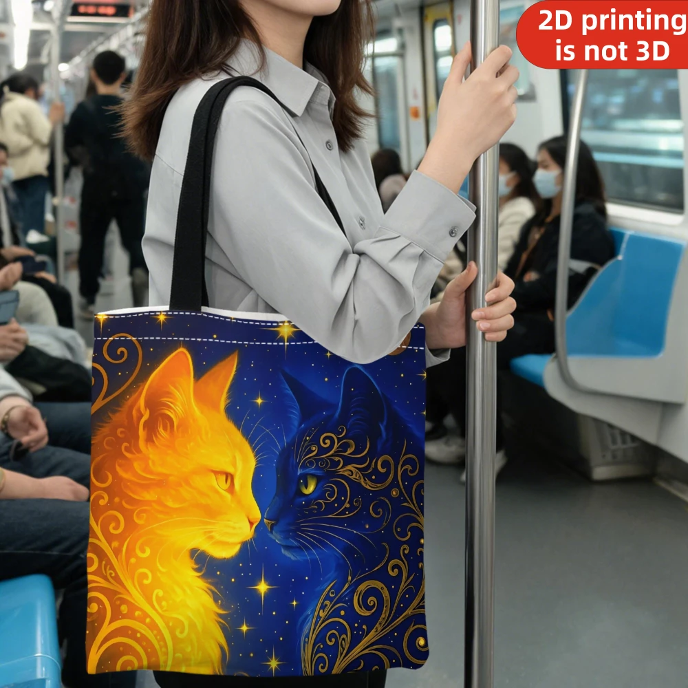 1Pc 2D Printing Handbag Vibrant Orange And Blue Cat Starry Sky Pattern Tote Bag For Subway Commute Shopping Travel Daily Use