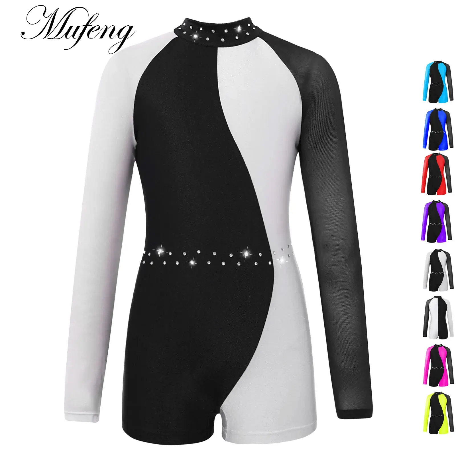 Kids Girls Gymnastics Leotards Ballet Moden Jazz Dance Shorty Unitard Dancewear  Mesh Long Sleeve Ballerina Jumpsuit Bodysuit