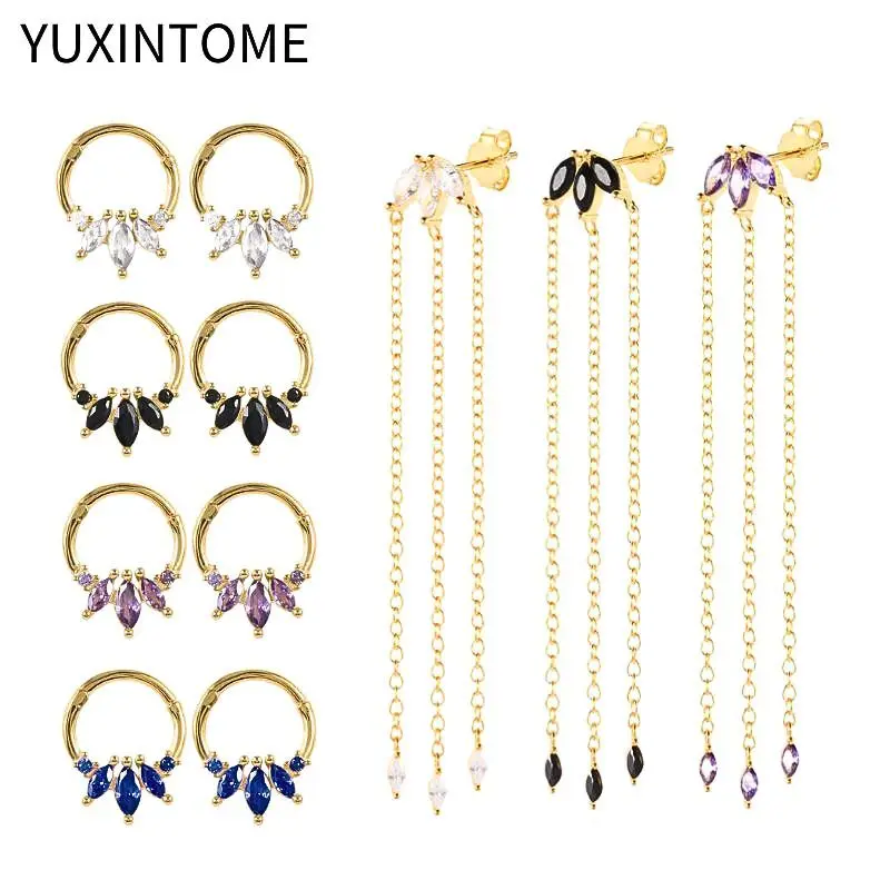 

925 Sterling Silver Ear Needle Colorful Zircon Hoop Earrings for Women Long Chain Tassel Water Drop Stud Earrings Luxury Jewelry