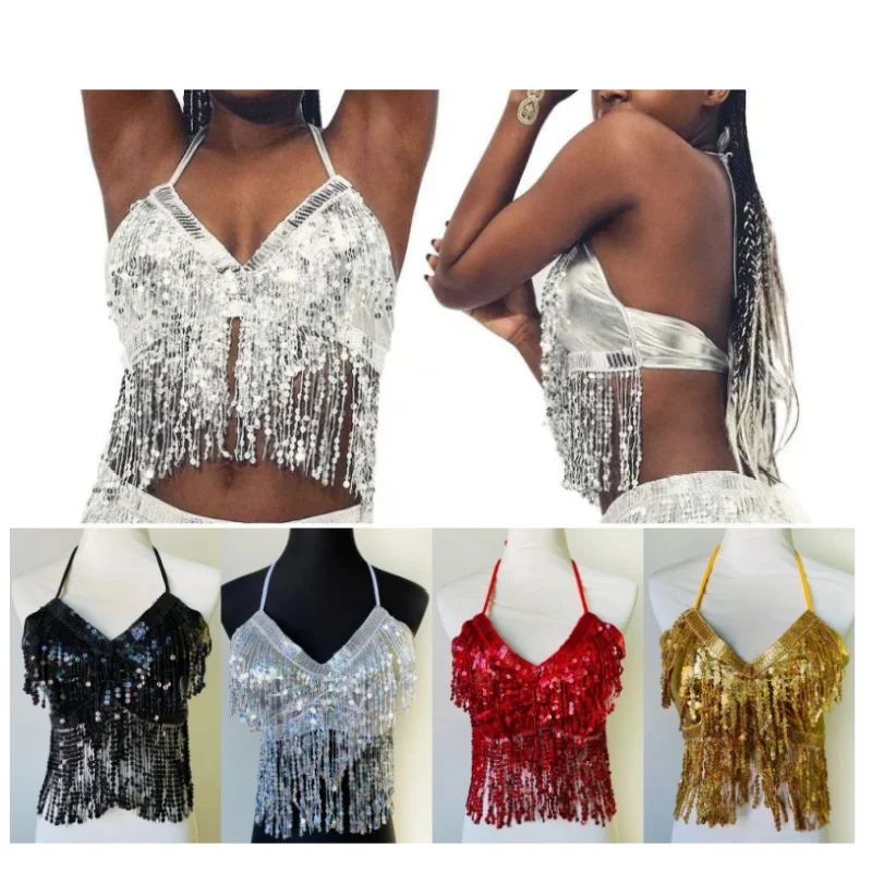 Chaleco con flecos de lentejuelas para danza latina del vientre, Top para actuación en club nocturno, sujetador Halter, ropa de baile para escenario, trajes de actuación para espectáculo de fiesta
