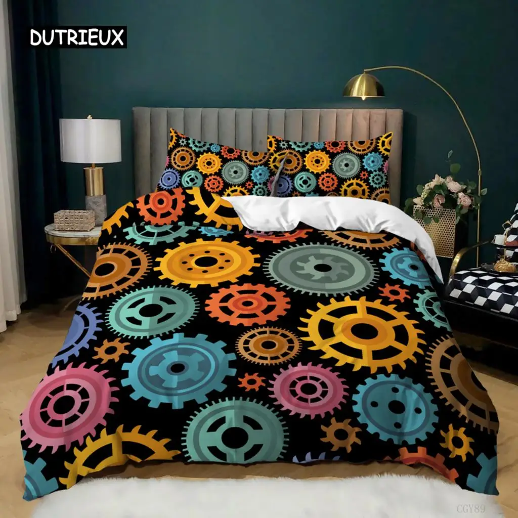 

Gear Duvet Cover Set Colorful Gear Mechanical Device Bedding Set for Kids Boys Men Queen King Size Chic Microfiber Quilt Cover