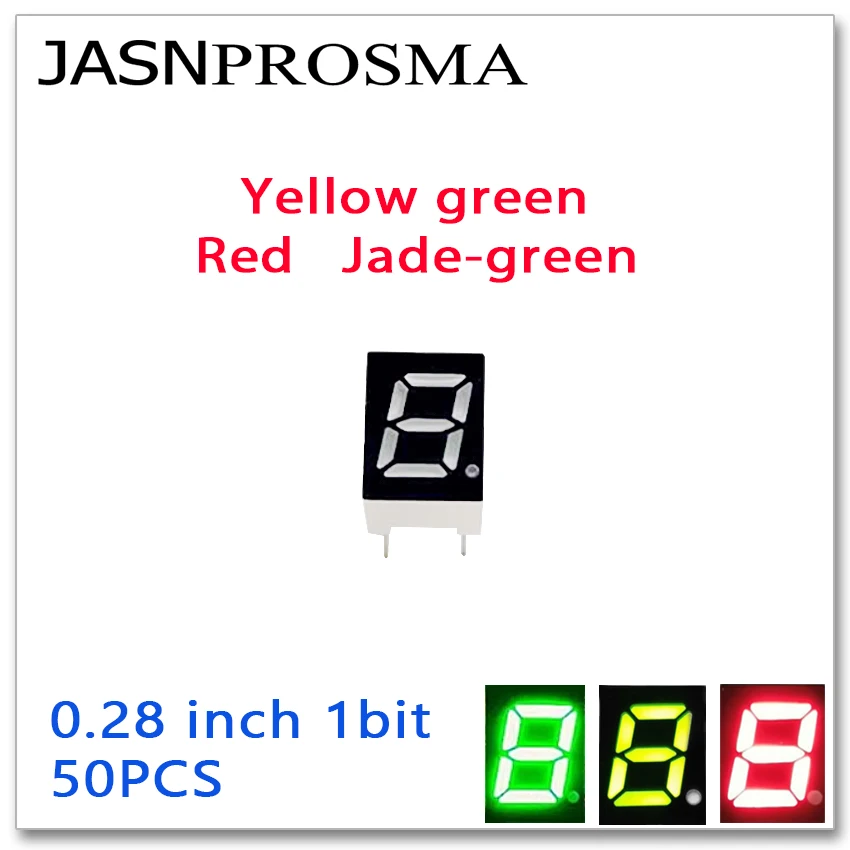 JASNPROSMA 50PCS 0.28 inch 7 Segment one 1 bit digit Tube red yellow jade green Common Cathode Anode LED Display 0.28