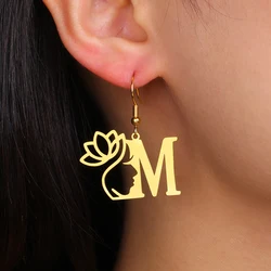 My Shape Beauty Flower Letter Drop Earrings for Women A-Z Alphabet Initials Lotus Stainless Steel Fashion Jewelry Kids Female