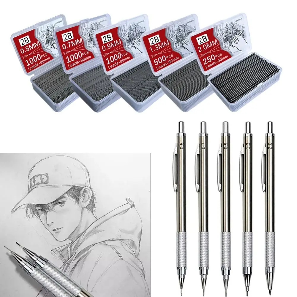 1000PCS/Box Mechanical Pencil Lead 0.5/0.7/0.9/1.3/2.0mm 2B 90mm Length Replaceable Automatic Pencil Refills Art Sketch