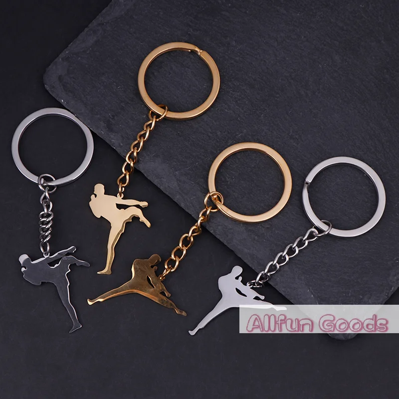 [TG835]Taekwondo High Kick Keychains For Men Titanium Steel Sports Charm Karate Jiu Jitsu Keyring Jewelry Male Boys Gym Gifts