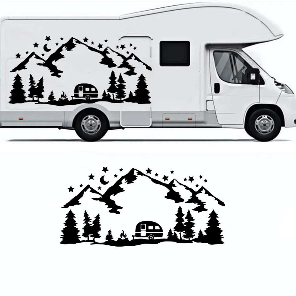 

Large Camper Mountains Campfire Pine Trees Camping Rv Truck Car Sticker Decal Wildlife Woodland Travel Adventure Vinyl Decor