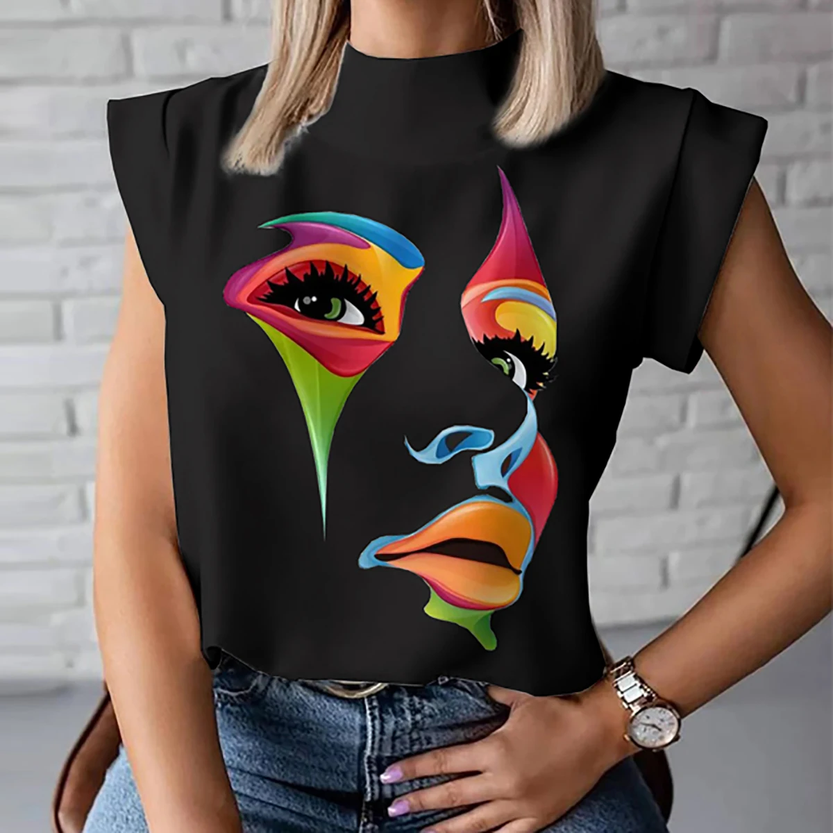 Yeezzi Damen schwarz weiß Farbe Mode gedruckt High-Neck-T-Shirts 2024 neue Sommer Mütze Ärmel lose lässige koreanische Stil Tops